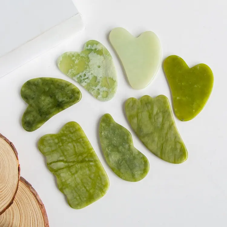 Gloway Hot Selling 8 Types Heart Shape Spa Face Massage Tool Natural Stone Guasha Pad Scraper Green Jade Gua Sha Board Guasha