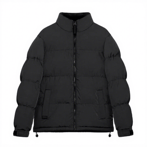 Men's Black Stand Collar Puffer <b>Jacket</b> Windproof Polyester Wadding Winter Casual Short Zipper Closure Thick Insulated Coat - Product Image 1