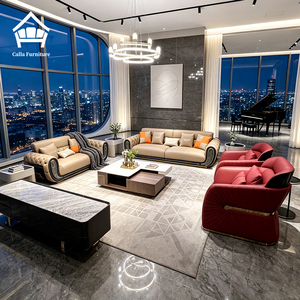 Set di Divani Chesterfield di Lusso, Divano in Pelle Moderno per Progetti di Villa con Poltrone Rosse, Arredamento per Soggiorno - Product Image 2