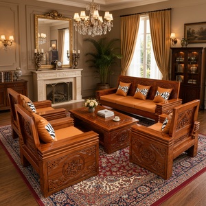 Sofá de Tres Plazas de Madera de Teca Jepara Heritage con Tallado Floral, Muebles de Sala de Estar de Primera Calidad para Interiores de Lujo - Product Image 1
