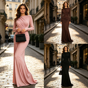 Abito Lungo Elegante da Donna con Arricciature, Maniche Lunghe, Vestito da Sera Formale Aderente - Product Image 2