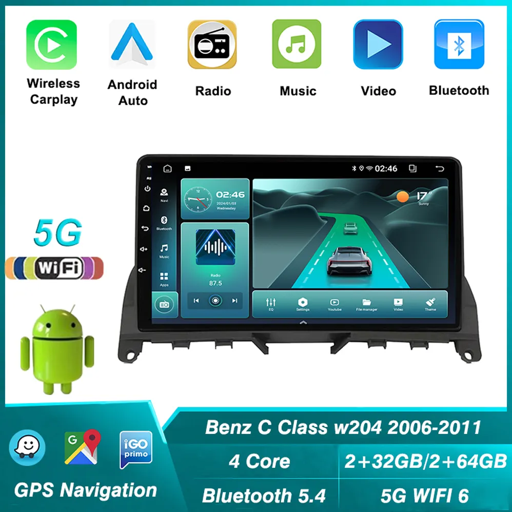 5G+2.4G doppelband WLAN 2+64G Auto-Video-Player Bluetooth 5.4 für Mercedes Benz C-Klasse W204 S204 2006-2011 GPS-Navigation Carplay