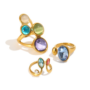 Stainless Steel 18K Gold Plated Open <b>Adjustable</b> <b>Ring</b> Multi‑Color Gemstone Statement Finger <b>Ring</b> For Women Trendy Jewelry - Product Image 4