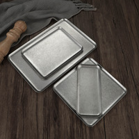 Vintage rechthoekige serveerschaal van roestvrij staal, retro matte metalen dienblad voor steak, friet, brood, augurken, koffieshop.