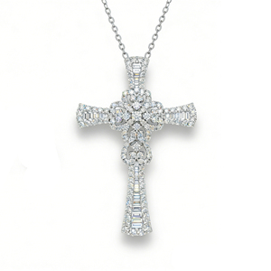 CUSTOM SILVER 10K/14K/18K GOLD PLATED LAB GROWN CVD DIAMOND CLASSIC ENGAGEMENT GIFT SWEATER <b>CHAIN</b> NECKLACE <b>CROSS</b> PENDANT - Product Image 4