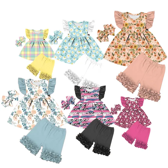 summer girls clothing set fashion high quality customize girls two pieces ruffle sleeve shorts girls clothing sets