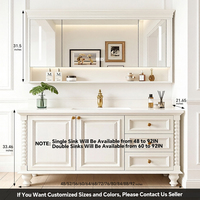 Meuble de salle de bain rétro américain de luxe léger avec vasque en céramique, armoire à miroir intelligente, en bois massif, à fixation murale