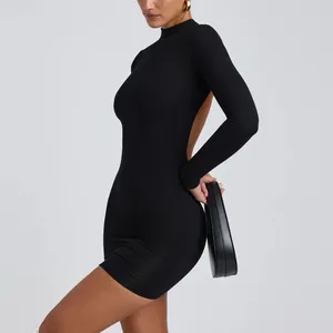 Soft Clean Finished Double Layers Long Sleeve Bodycon Slim Fit U Backless Low Cut Back Sexy Women Mini dress