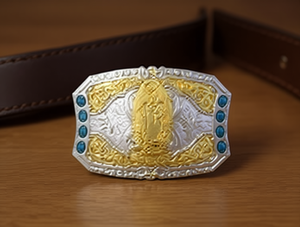 Fibbia per cintura grande in argento e oro da 5,0 cm placcata con pietre blu in stile western - Product Image 2