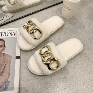 Commerce extérieur Automne et hiver Nouvelles pantoufles en laine à chaîne métallique Mode féminine Chaude Grande fourrure Plat avec tongs Transfrontalier - Product Image 3