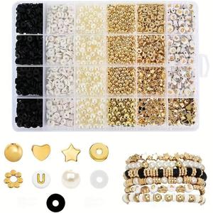 Kit de Accesorios para Joyería DIY, 24 Piezas de Cuentas de Arcilla Polimérica, Blancas, Negras, Doradas, en Forma de Estrella y Perla, para Hacer Pulseras - Product Image 1