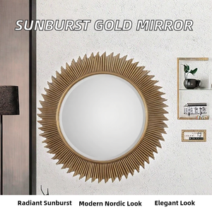 Espejo de Baño Redondo de Lujo Nórdico, Metálico, de 46 Pulgadas, 4.0 mm de Grosor, Color Dorado Sunburst, para Montar en la Pared, para Sala de Estar - Product Image 2