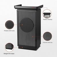 Comptoir d'accueil noir tendance avec design cannelé et accent circulaire sur le devant, pupitre moderne pour présentations carrées en église et en conférence