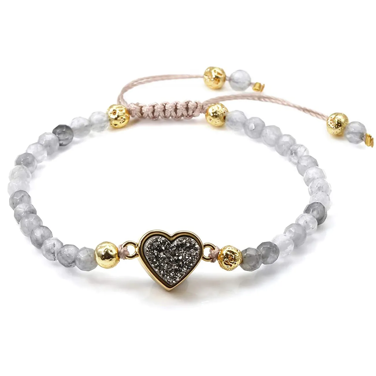 As Meninas das mulheres 4 milímetros Beads Chakra Cura Rocha de Lava Pedra De Cristal Pulseira de Ouro Pulseiras Ajustáveis com Forma Do Coração Charme Druzy