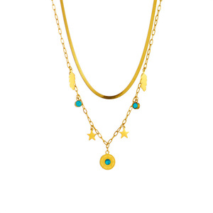 European American Retro Layered Double Chain <b>Blue</b> Turquoise Pendant Star <b>Feather</b> Necklace Gold Zinc Alloy Geometric Design - Product Image 5