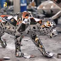 Sculpture animale extérieure brillante Statue léopard géométrique en acier inoxydable argenté