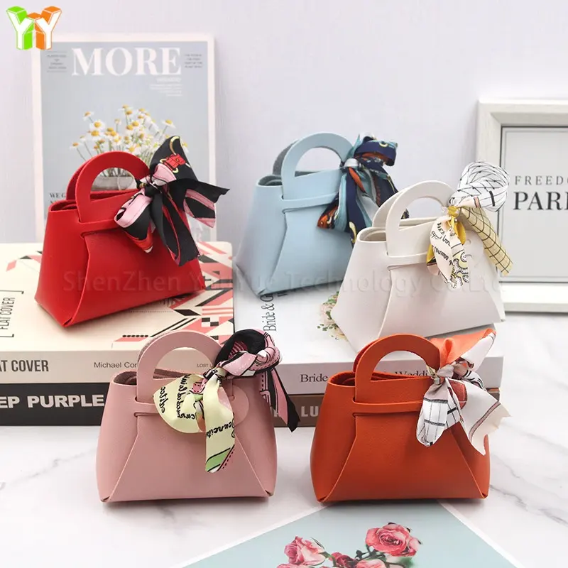 PU Leather Small Gift Box Pouch Women Lipstick Custom Wedding Gift Box Candy Bag candy tray with Ribbon