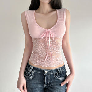 Camiseta sin mangas de punto acanalado transpirable y ecológica para mujer, con estampado floral, encaje y lazo frontal - Product Image 6