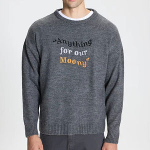 Men's Embroidered <strong>Slogan</strong> Sweater 100% Merino Wool Long Sleeve Crew Neck Pullover <strong>Jumper</strong> Grey - Product Image 1