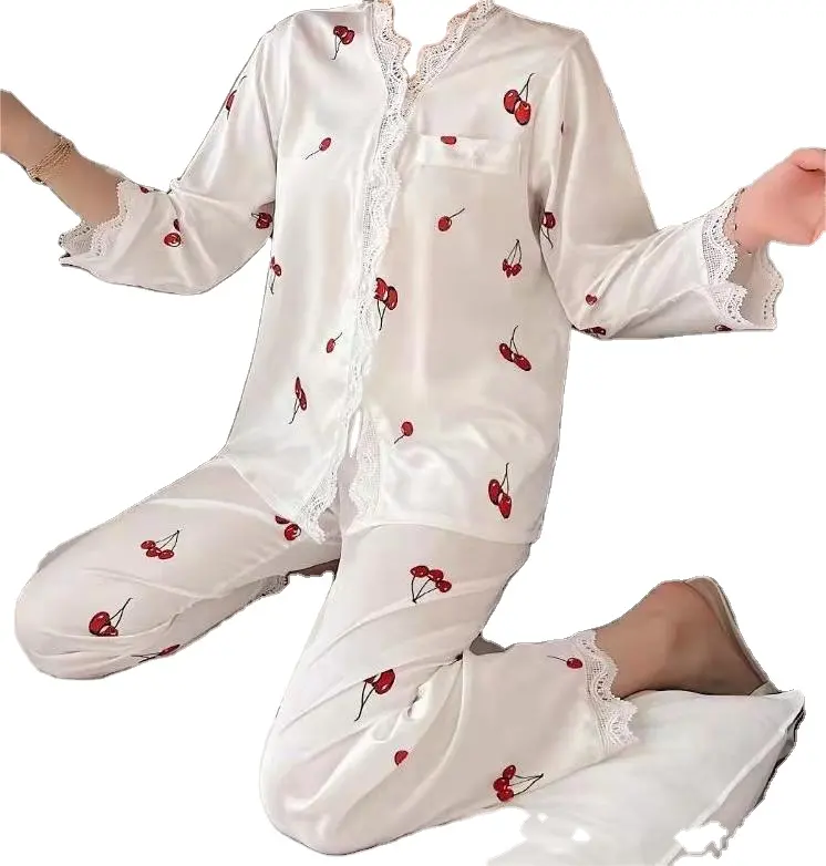 Cherry bow pajamas women spring and autumn simple cute long-sleeved pajamas home wear women loose two-piece set