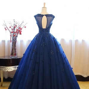 Off The Shoulder Navy Blue Evening Gown With 3D Floral Print For Formal Events And Performances - Product Image 2