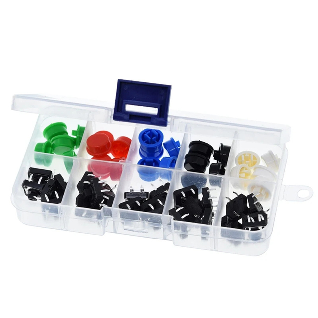 25PCS Tactile Push Button Switch Momentary 12*12*7.3MM Micro switch button + 25PCS Tact Cap(5 colors) with Case
