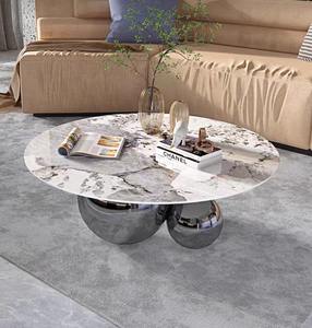 Tavolino da Caffè Rotondo Moderno di Lusso Leggero Italiano di Alta Gamma per Soggiorno Piccolo con Piano in Marmo Regolabile e Base in Acciaio Inossidabile - Product Image 4