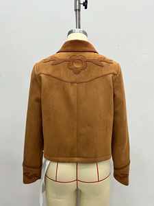 Chaqueta de Ante Marrón para Mujer 2026 al por Mayor, con Bordado Floral de Moda, Botón Único, Transpirable, Ropa Exterior Casual para Invierno - Product Image 5