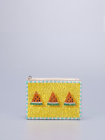 Porte-monnaie artisanal en perles de coton motif citron, design fruit d'été, fermeture éclair, doublure en lin, style vintage, sac à main souple et élégant de petite taille