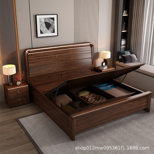 Walnut Solid Wood <b>Bed</b> 1.8m <b>Double</b> Storage High <b>Box</b> Modern Minimalist Chinese Style Bedroom Furniture - Product Image 3