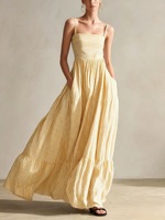 Robe longue tissée rayée pour femme, col carré, volants étagés, avec poches, taille haute, en lin, décontractée, pour l'été et la plage