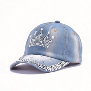 หมวกเบสบอลแบบ 6 แผง ผ้าเดนิมยูนิเซ็กซ์ ขายส่ง พร้อมตกแต่งด้วยคริสตัลและหัวเข็มขัดโลหะ - Product Image 2