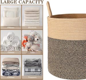 Panier à linge écologique tissé classique panier de rangement en tissu noir poignées multifonction pour jouets ménagers vêtements - Product Image 3