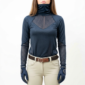 Haut à col roulé en tricot compressif bleu foncé pour femme, manches longues, respirant, en spandex et polyester, fermeture éclair mi-taille - Product Image 1