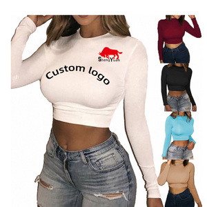 Tùy Chỉnh Hot Bán Thời Trang Phụ Nữ Sexy Mặc Dài Tay Áo O-Cổ Crop Áo Sơ Mi Tops - Product Image 1