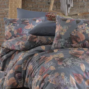 Parure de lit double Karden Flower en coton tissé uni à motif feuilles, gris, avec housse de couette, drap plat et 2 taies d'oreiller, douce, vente en gros - Product Image 3