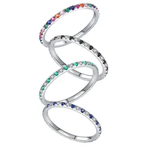 Cheap wholesale 925 sterling silver full-gemstone rainbow 5A cubic zircon multicolor eternity ring