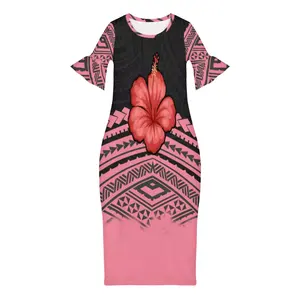 Samoan Style Floral Print Hawaiian Polynesian Dress Beautiful Women Pink Evening Dresses Summer Short Sleeve Casual Maxi Dress