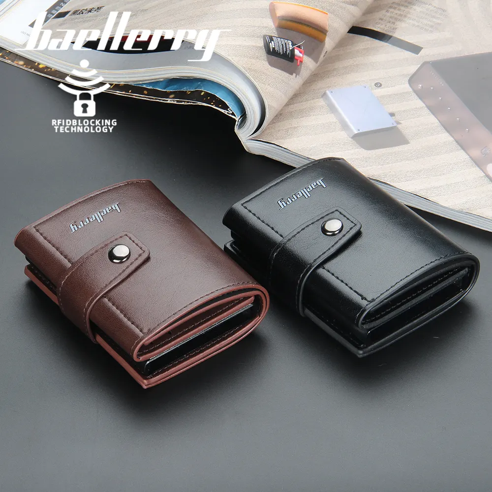 Baellerry-Mini billetera de cuero pu con bloqueo RFID, billetera de Metal Pop-Up, tarjetero de aluminio, antirrobo, tarjetero automático