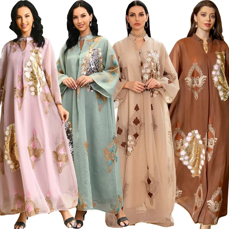 Dubai Malaysia uk dekorasi bordir berkilau kain tipis warna polos pakaian Islami kaftan abaya untuk musim panas luar ruangan