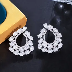 Sparkling White Oval Round Shape Cubic Zirconia Women Big Stud Earrings Silver Plated Ladies Bridal Party Costume Jewelry