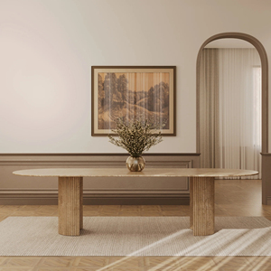 Tavolo da Pranzo Ovale <span class=keywords><strong>in</strong></span> Marmo Travertino Naturale Kumusi Furniture con Base Scanalata a Mezzaluna - Product Image 1