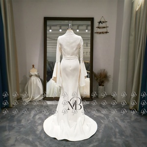 Mily Bridal QD06005 Long Sleeve V-neckline Zipper Back Bride Maids Simple <strong>Plain</strong> <strong>Gowns</strong> for Bride Wedding <strong>Gown</strong> Floor Length - Product Image 2