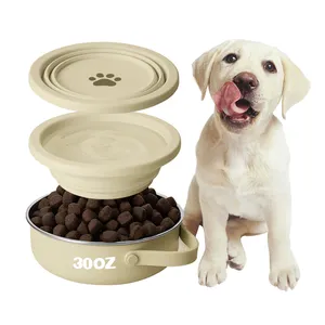 2024 New Design ODM 2 In 1 Portable Stainless Steel Silicone Pet Feeder Water Bowl 30oz Dog Bowls