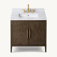 Lavabo en céramique simple personnalisé Meuble-lavabo de salle de bain en bois massif de chêne brun Comptoir de quartz et dosseret avec poignée en bronze satiné