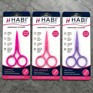 Tijeras de Bordado HABI INDUSTRIES de 3.5 Pulgadas, Acero Inoxidable, Hojas Afiladas de Precisión, Colores Flamingo Pink, Lemonade y Wisteria - Product Image 1