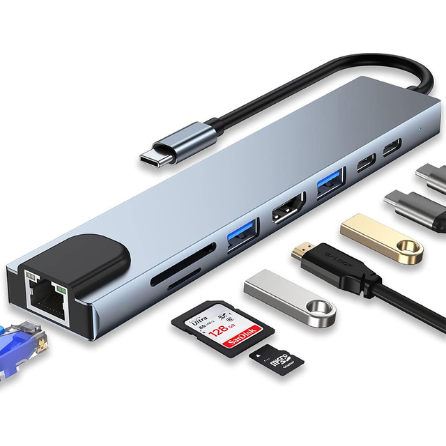 8-in-1 Usb Hub 3.0 Type C Multiport Adapter Pd Hub With Charging Ethernet 4k Tf/sd Card Reader for Laptop Other Devices