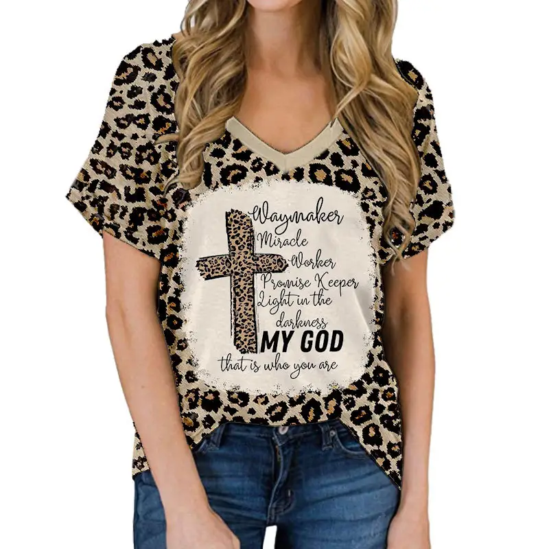 25 Styles 100 Polyester Leopard Printing V Neck T-shirt Western Sublimation Bleach T Shirt for women