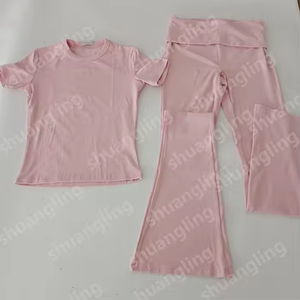 Kadın Giyim Özel Logo Yoga Takımı Pamuklu Uzun Boylu Kadınlar İçin Uygun Kemerli Fiyonk Tasarımlı Kısa Kollu İspanyol Paça Pantolon Ev Giysisi 2 Parça Takım - Product Image 5