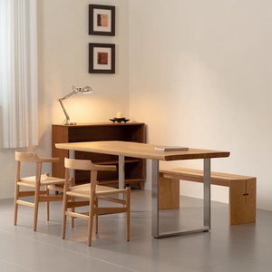 Retro Minimalist Multi-Functional <strong>Desk</strong> | <strong>Solid</strong> <strong>Wood</strong> Top &amp; Stainless Steel Legs, for Dining &amp; Living Room - Product Image 4